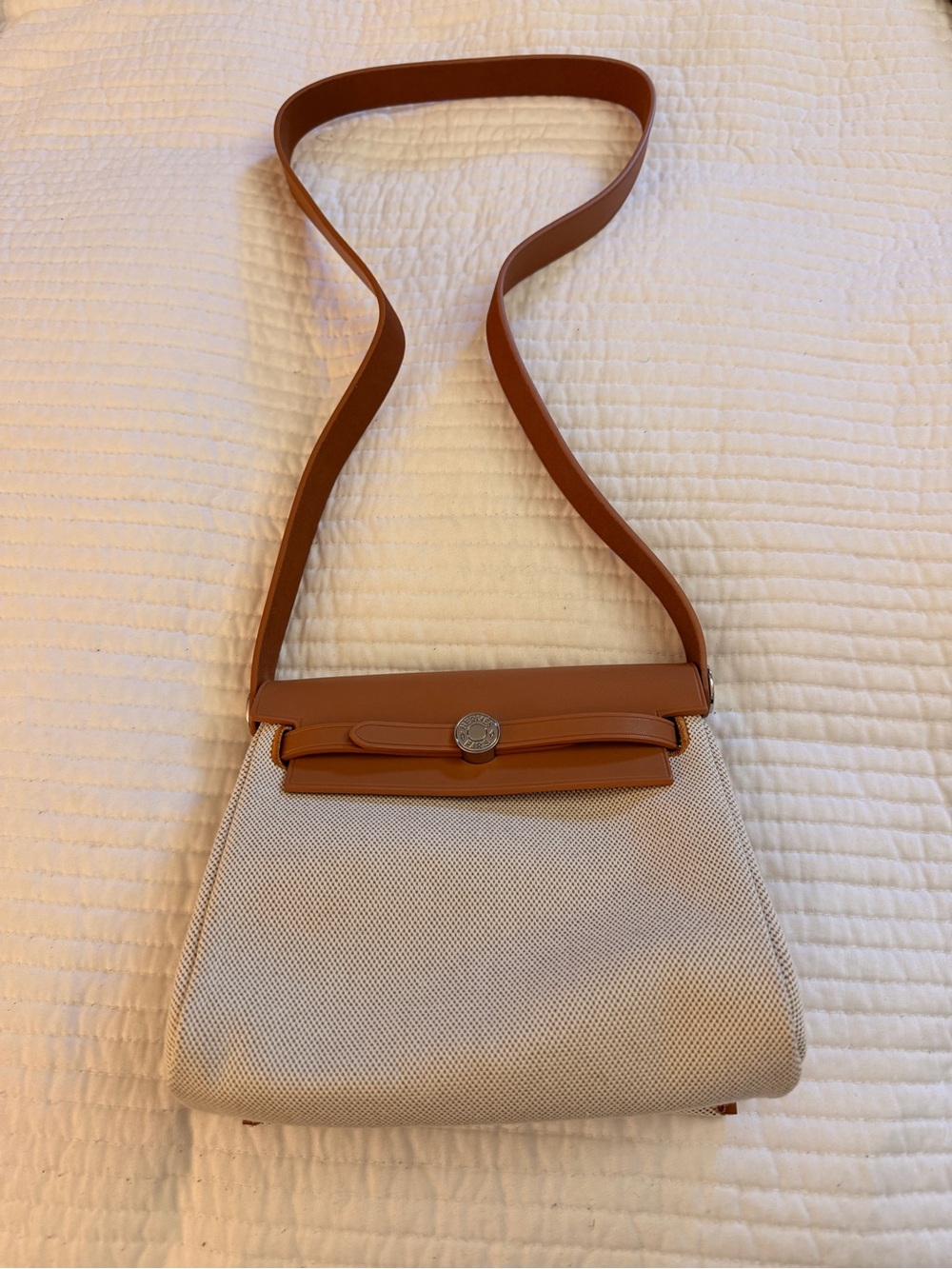 Tan Leather-Trim Beige Canvas Crossbody HerBag Mini